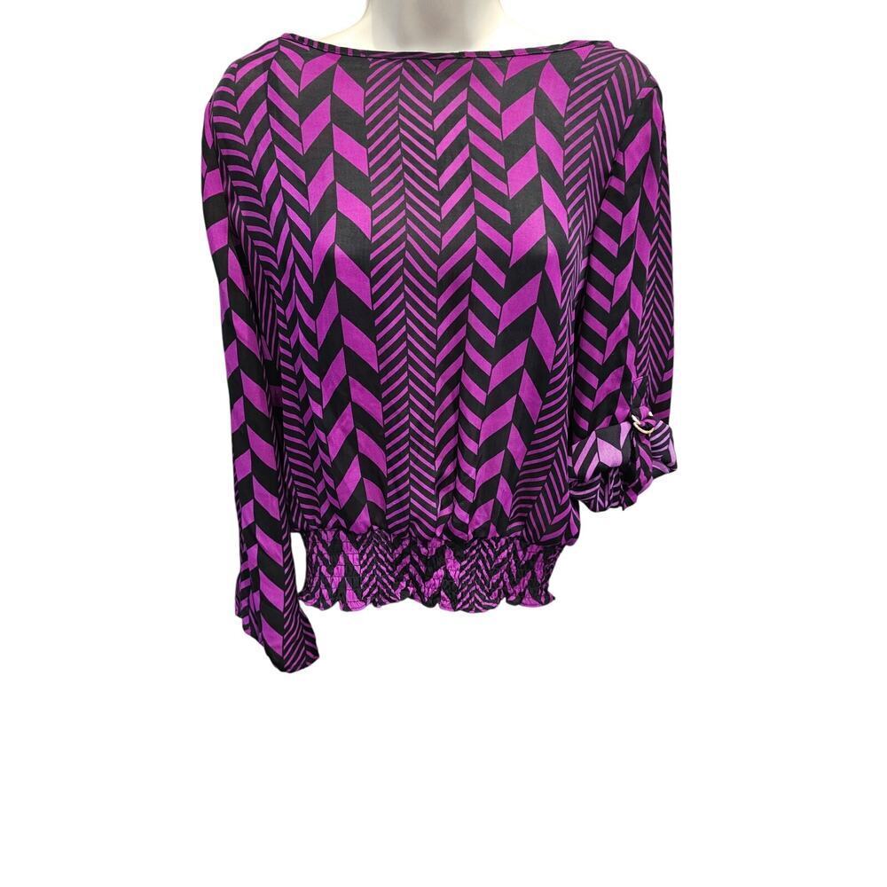 Michael kors M purple black geo roll tab sleeve chiffon elastic waist career top